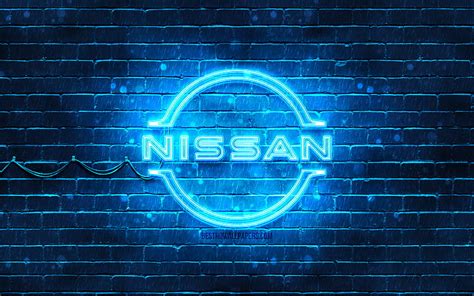 Nissan blue logo blue brickwall, logo de nissan, marcas de coches, logo de neón de nissan, Fondo ...