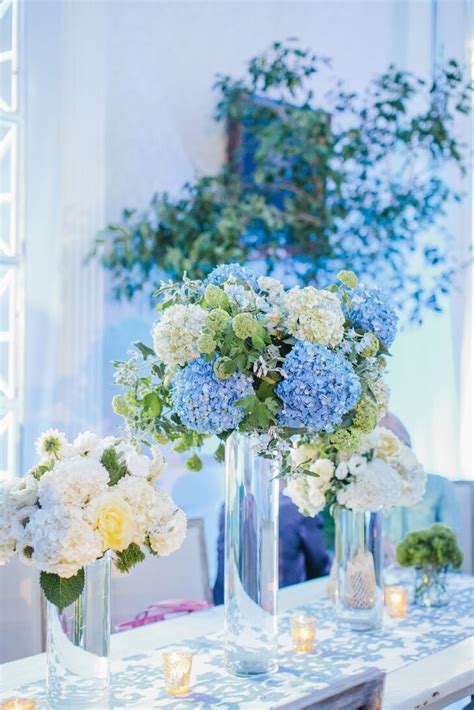 Tall Blue and White Hydrangea Centerpieces