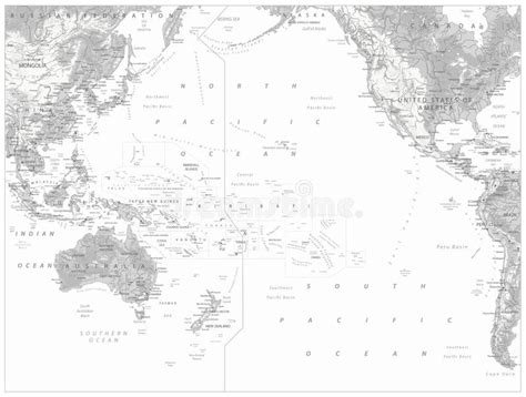 Pacific Ocean Physical Map White and Grey Stock Vector - Illustration of bathymetry, detail ...