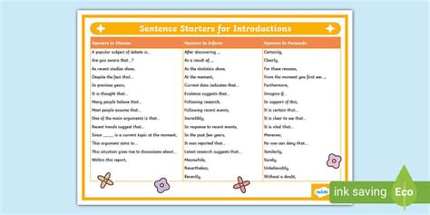 Sentence Starter for Introduction – Word Mat – KS2