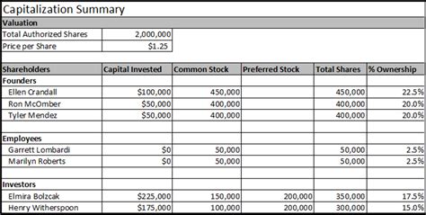 Capitalization Table Example | Cabinets Matttroy