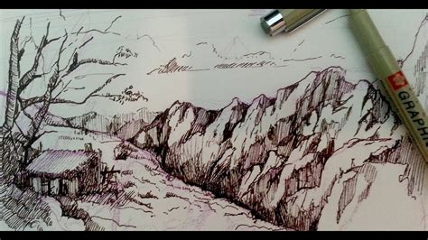 Pen and Ink Drawing Tutorials | How to draw a mountain landscape - YouTube