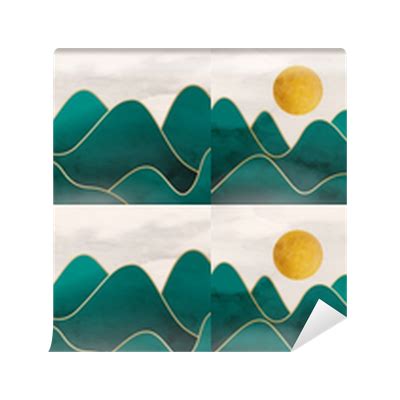 Wallpaper Abstract art background with mountains and hills in green and blue with golden lines ...