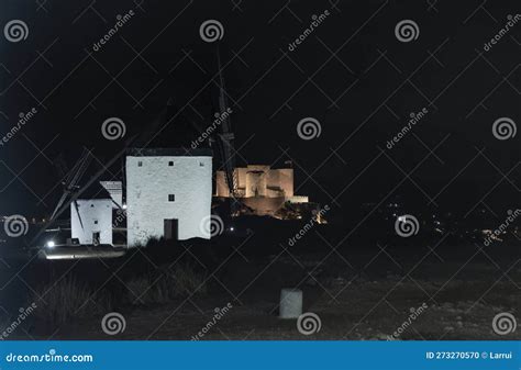 Medieval Charm: the Ancient Windmills in Consuegra, Illuminated at Night Stock Photo - Image of ...