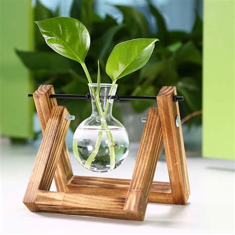 Wooden Stand Transparent Glass Plant Containers Standing Hydroponics Plant Flower Pot Home Desk ...