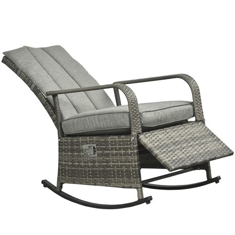 Outsunny Outdoor Wicker Rattan Recliner Rocking Cushioned Chair with Footrest & 135 Degrees of ...