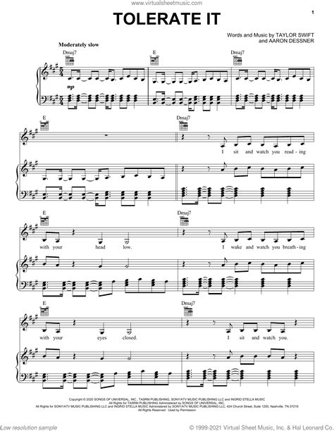 tolerate it sheet music for voice, piano or guitar (PDF)