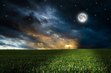 HD wallpaper: green grass field and full moon, greens, the sky, clouds, night | Wallpaper Flare