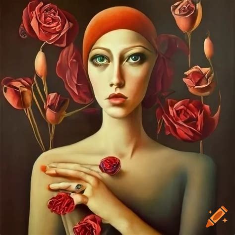 Surrealist painting of a woman with roses