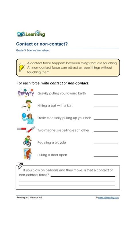 K5 Learning | Contact & Non-Contact Forces | Grade 3 Worksheet #1 | ~Ans Available~ | Science ...