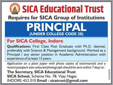 SICA College, Indore Wanted Principal | FacultyPlus