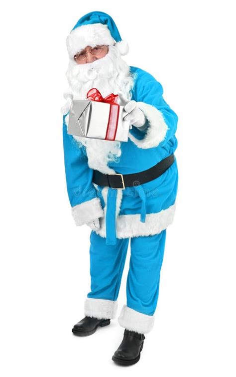 Blue Santa Claus Gives A Present Stock Photo - Image of ribbon, package ...