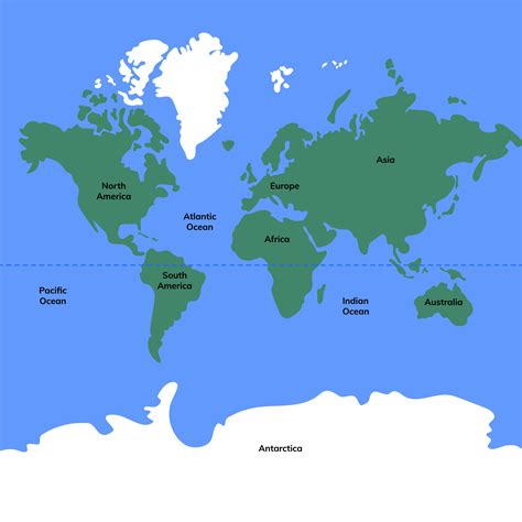 World map color with names of continents and oceans. Silhouette map. Green and blue colors. Flat ...