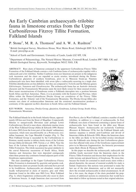 (PDF) An Early Cambrian archaeocyath–trilobite fauna in limestone erratics from the Upper ...