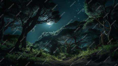 Premium AI Image | A forest with a moon and trees on the night sky