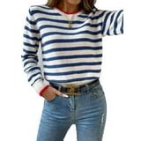 Casual Striped Pattern Round Neck Pullovers Long Sleeve Blue and White ...