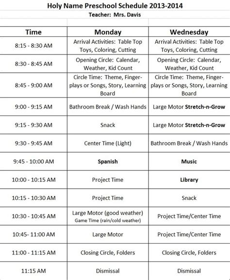 Classroom Schedule 2013-2014 - Holy Name Preschool