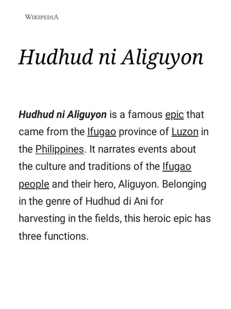 Hudhud Ni Aliguyon Is A Famous Epic That | PDF | Epic Poems