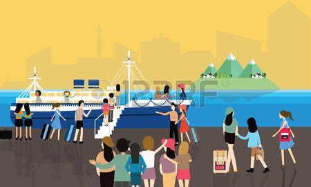 cartoon port: sea port busy activities people passenger entering the boat to cruise travel ...