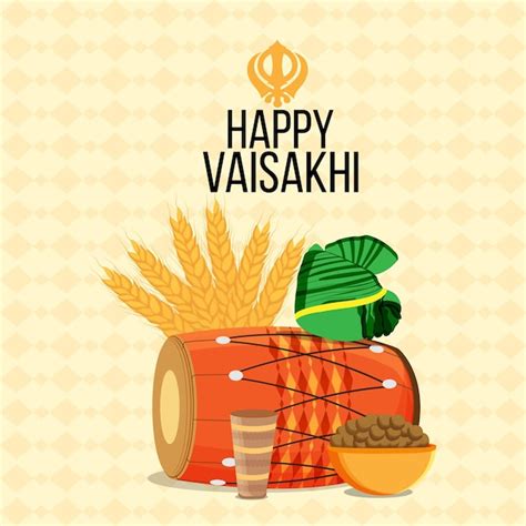 Premium Vector | Happy vaisakhi greeting card with drum and food