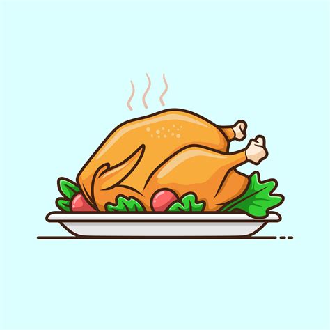 Roast turkey or chicken on plate, traditional holiday dinner vector clip art illustration ...