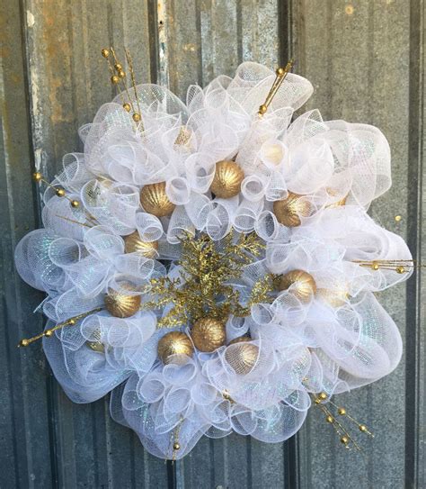 Christmas White and Gold Wreath, Gold Ornaments, Gold Floral Picks, White Deco Mesh, Christmas ...