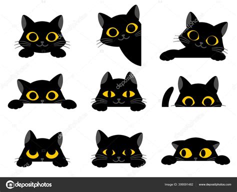 Conjunto de lindos gatos de dibujos animados negros con ojos amarillos ...