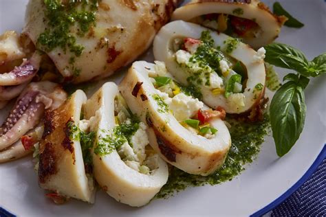 Squid stuffed with feta and tomato - MEVGAL