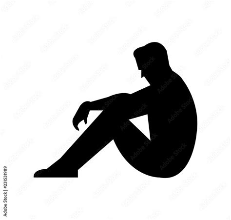 Black silhouette of a man sitting with his head pointed down in depression, isolated on white ...