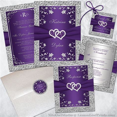 Monogrammed Wedding Invitation | Purple, Silver Floral, FAUX Foil ...