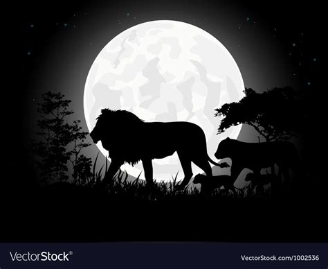 Beautiful Lion family silhouettes with giant moon Vector Image