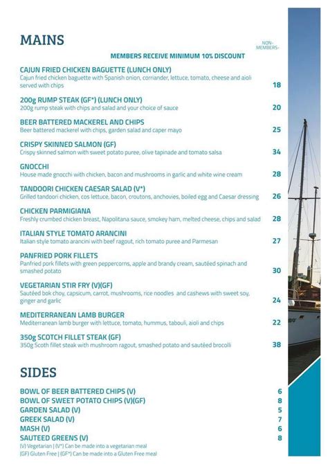 Menu at Townsville Yacht Club & Marina, Townsville