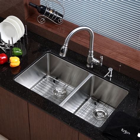 Kraus 33" Undermount 60/40 Double Bowl 16 Gauge Stainless Steel Kitchen Sink & Reviews | Wayfair