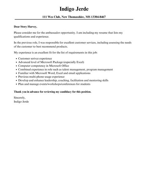 Ambassador Cover Letter | Velvet Jobs