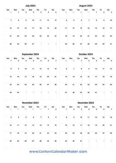 July to December 2024 Printable Calendar