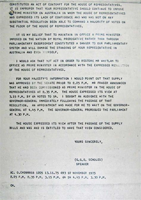 Letter on the dismissal of Gough Whitlam – from the Speaker of the House of Representatives to ...