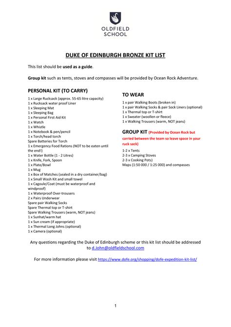 DofE Bronze Kit List - Oldfield School