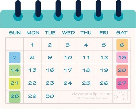 Calendar Clipart-planning calendar with weekends color coded clipart