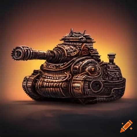 Steampunk tank with mayan symbols and fantasy city backdrop on Craiyon