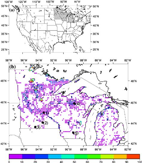 (a) Gray areas showing the study region (Great Lakes Region). (b ...