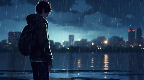 Premium Photo | A person in the rain Melancholic anime boy standing in rain