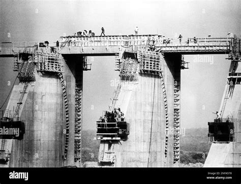 Part of the Kainji Dam under construction across Niger River in Nigeria at New Bussa, 300 miles ...