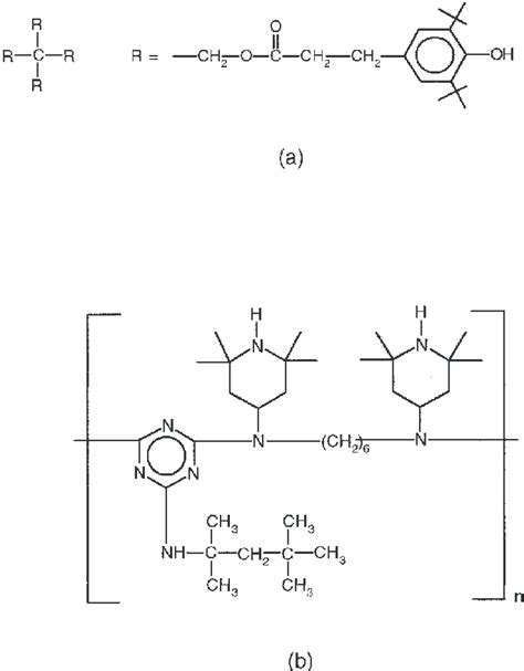 Chemical structures of the stabilizers: (a) Irganox 1010 and (b)... | Download Scientific Diagram