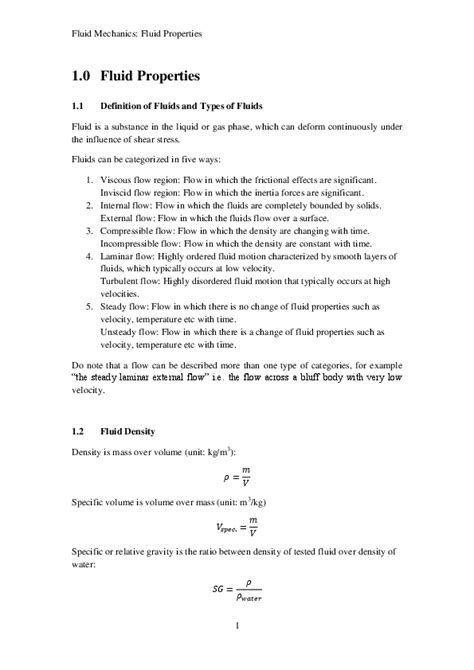 (PDF) Fluid Mechanics: Fluid Properties 1 1.0 Fluid Properties 1.1 Definition of Fluids and ...