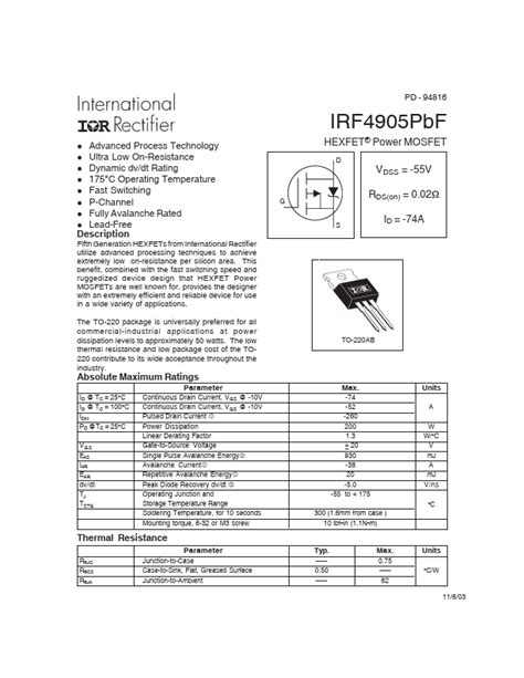 IRF4905 datasheet, mosfet equivalent, International Rectifier