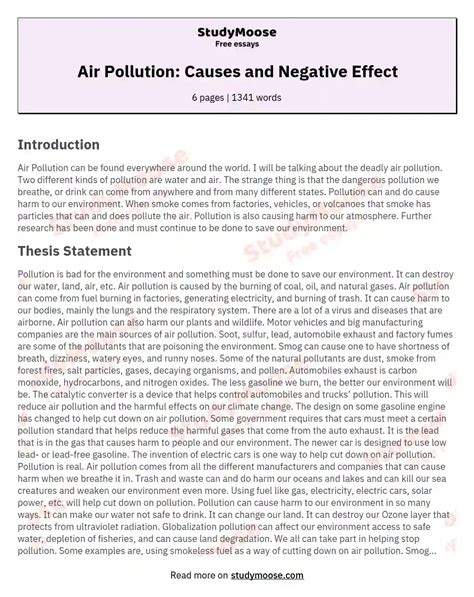 Air Pollution: Causes and Negative Effect Free Essay Example