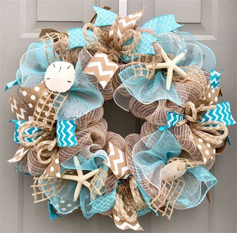 24 Blue Burlap Deco Mesh Wreath With Seashells - Etsy | Deco mesh wreaths diy, Mesh wreath ...