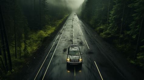 Premium AI Image | foggy dark road with cars driving through forest ...