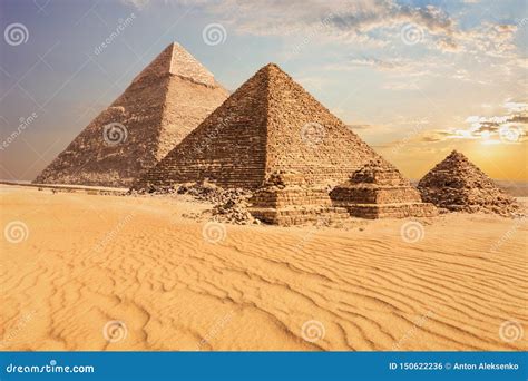 Beautiful Sunset View of the Pyramid of Menkaure with Companions and the Pyramid of Chephren ...