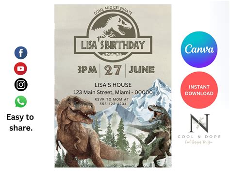 Jurassic World Birthday Invitation World Dinosaur Park Birthday Invitation DIGITAL Editable ...